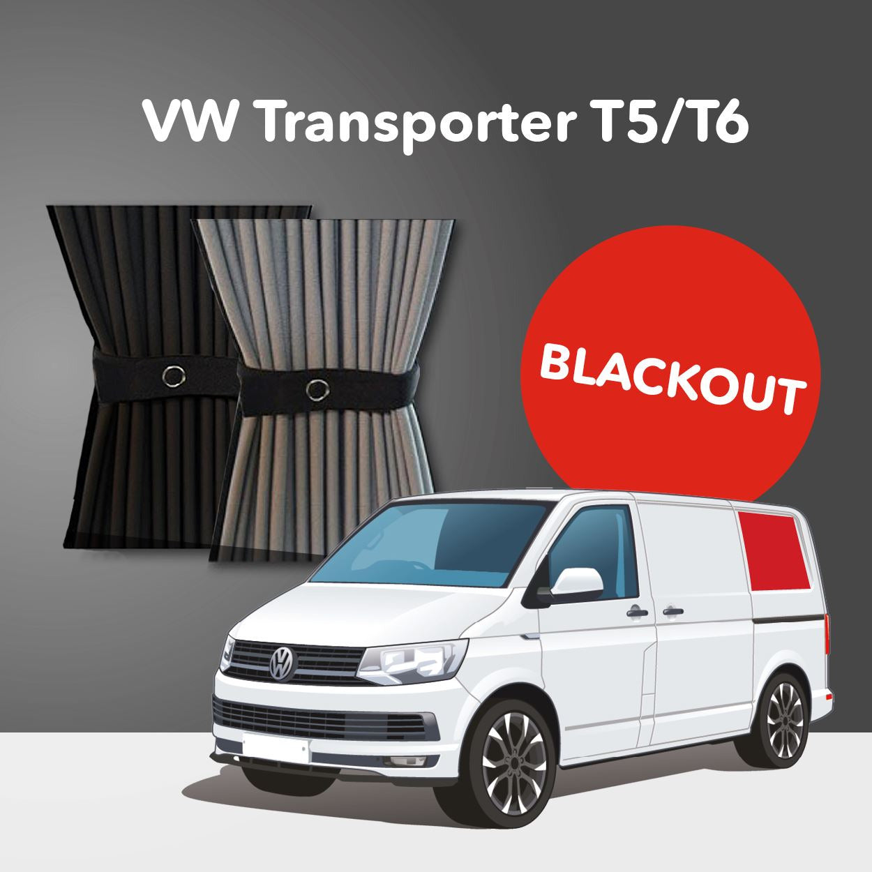 VW T5 / T5.1 / T6 Blackout Curtains - SWB Driver Side Rear Quarter