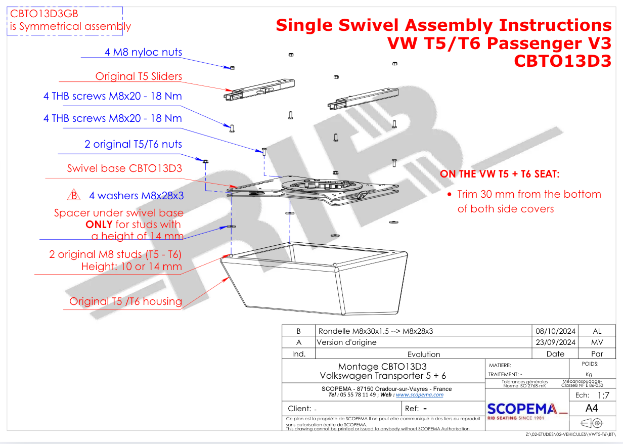 RIB VW T5/T6 Single Seat Swivel V3 - Passenger (Right Hand Drive)