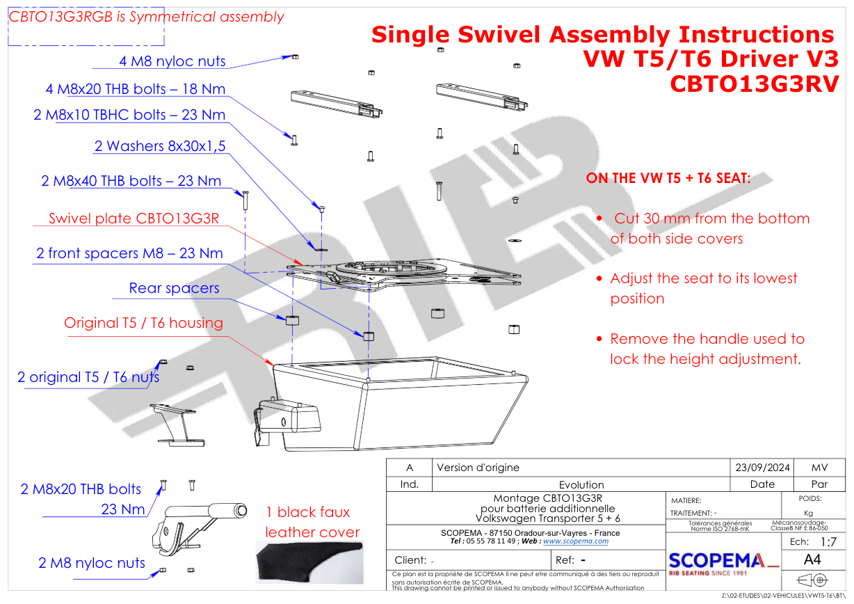 RIB VW T5/T6 Single Seat Swivel V3 - Driver + Handbrake Lowering Kit + Shims (Right Hand Drive)