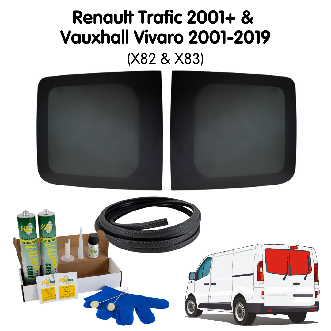 Barn Door Windows + Fitting Kit for Renault Trafic 2001+ & Vauxhall Vivaro 2001-2019 (X82 & X83)